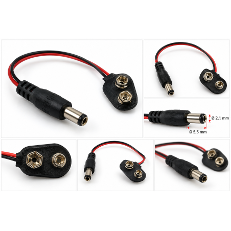 Adapter zasilania DC 5,5/2,1 mm do baterii 9V 6F22 – przewód z zatrzaskiem
